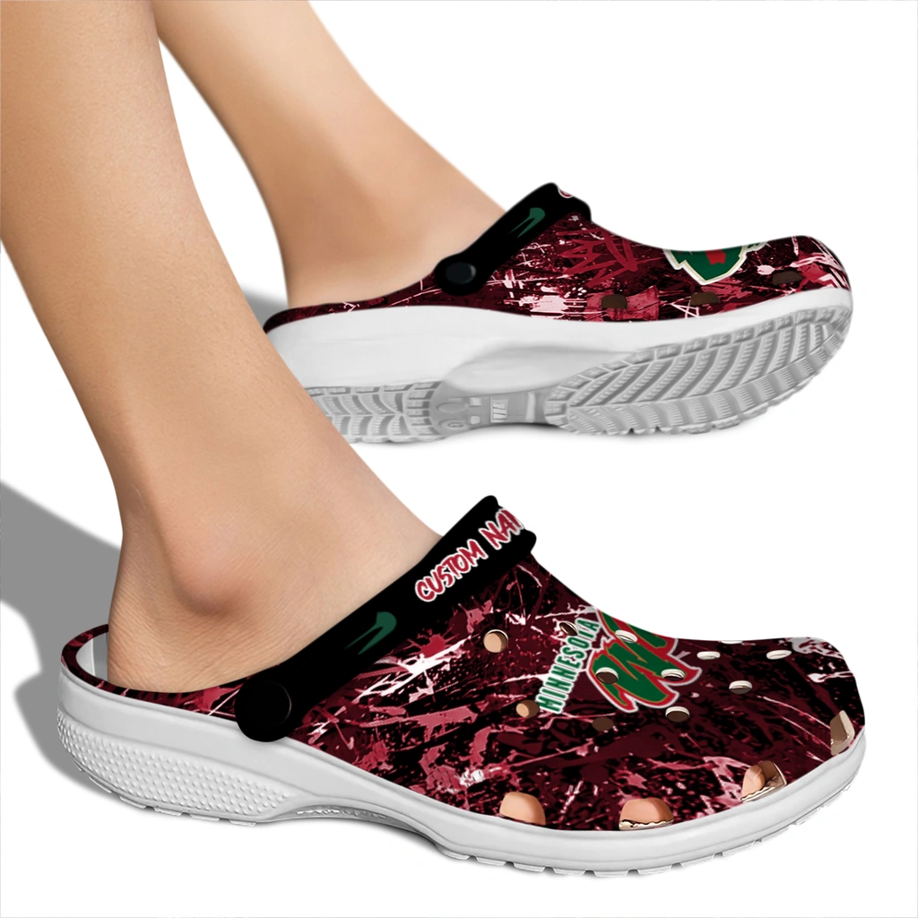 minnesota-wild-clog-personalized-graffiti-burst-red-black-fashion-forward.webp