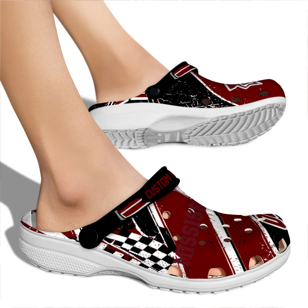Mississippi State Bulldogs Clogs - Personalized Checkered Streaks Maroon Black 2