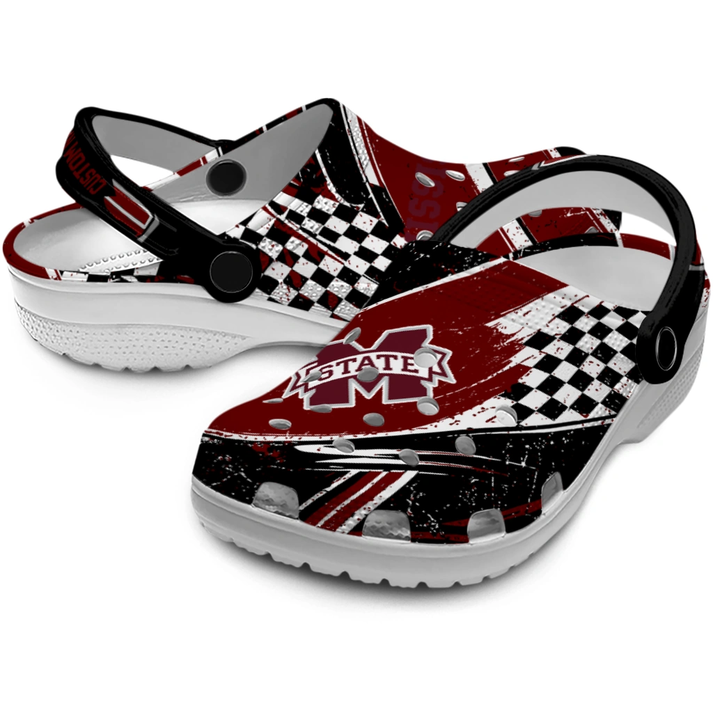 Mississippi State Bulldogs Clogs - Personalized Checkered Streaks Maroon Black 3