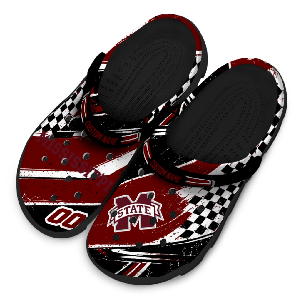 Mississippi State Bulldogs Clogs - Personalized Checkered Streaks Maroon Black 4