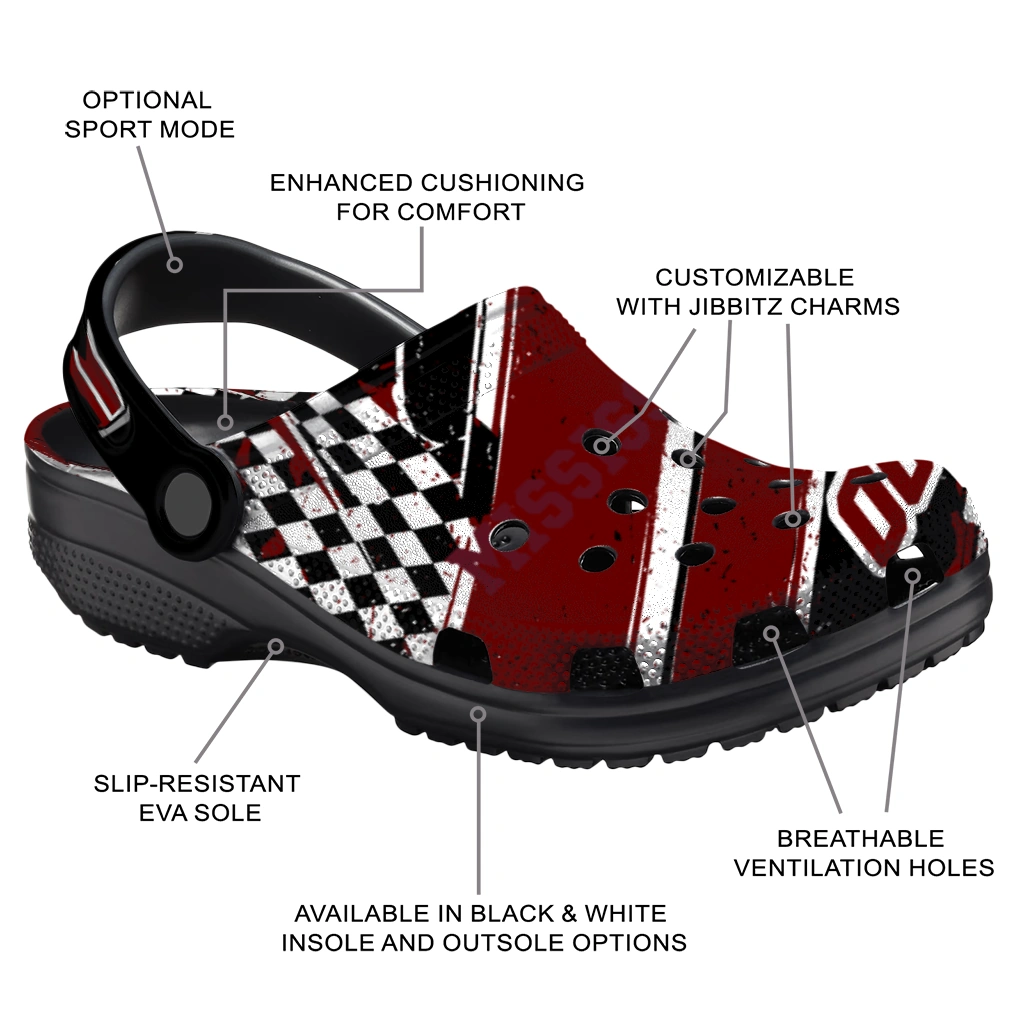 Mississippi State Bulldogs Clogs - Personalized Checkered Streaks Maroon Black 5