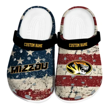 Missouri Tigers Clogs - Customized Distressed Stripes Black Red Blue