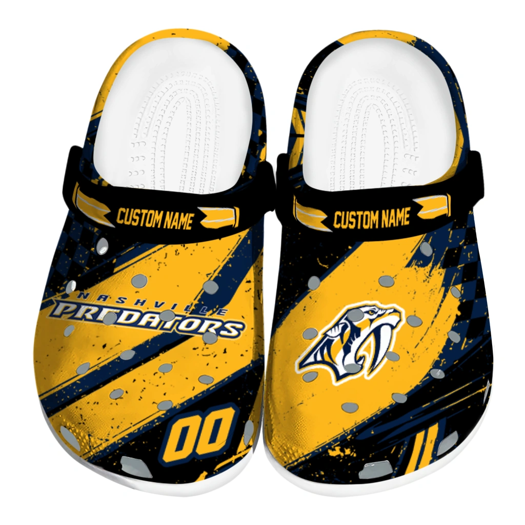 Nashville Predators Clogs - Personalized Circuit Geometry Gold Black 1 nashville predators clog personalized checkered streaks gold black best selling 1