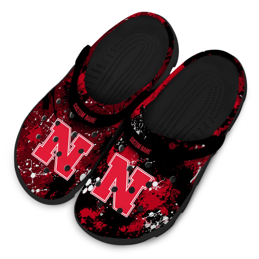 nebraska-cornhuskers-clog-custom-splatter-splash-red-black-latest-model.webp