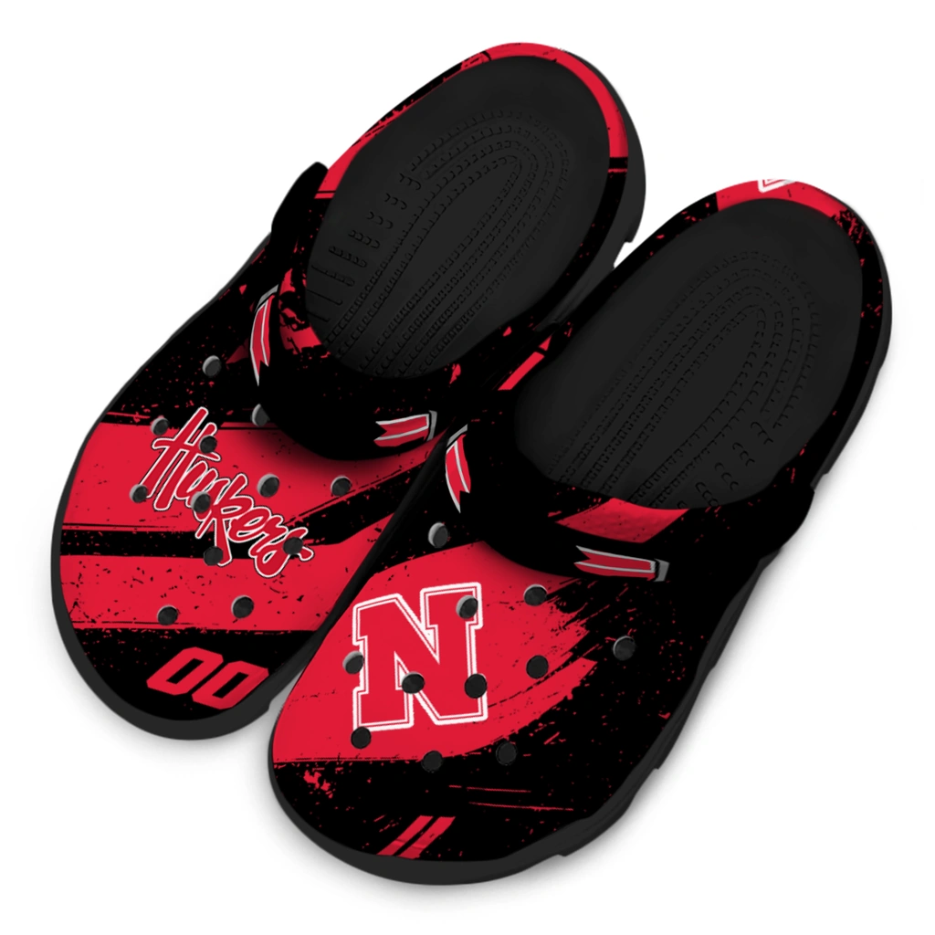 nebraska-cornhuskers-clog-customized-checkered-streaks-red-black-latest-model.webp