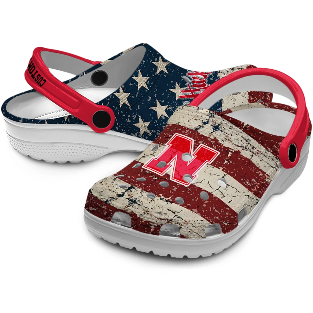 nebraska-cornhuskers-clog-personalized-distressed-stripes-red-blue-high-quality.webp