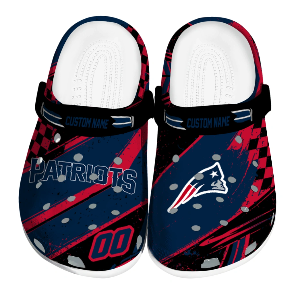 New England Patriots Clogs - Customized Checkered Streaks Blue Black 1 new england patriots clog personalized checkered streaks blue black best selling