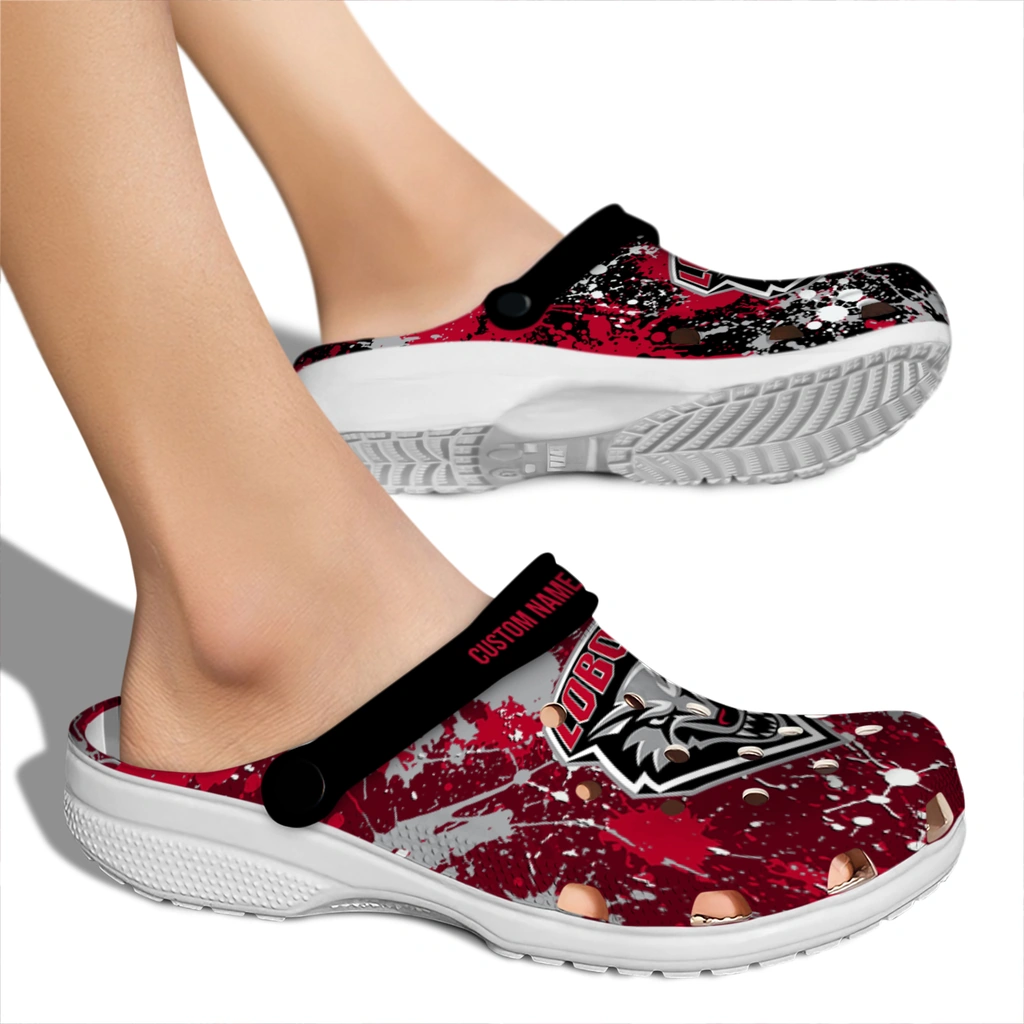new-mexico-lobos-clog-personalized-splatter-splash-red-black-fashion-forward.webp