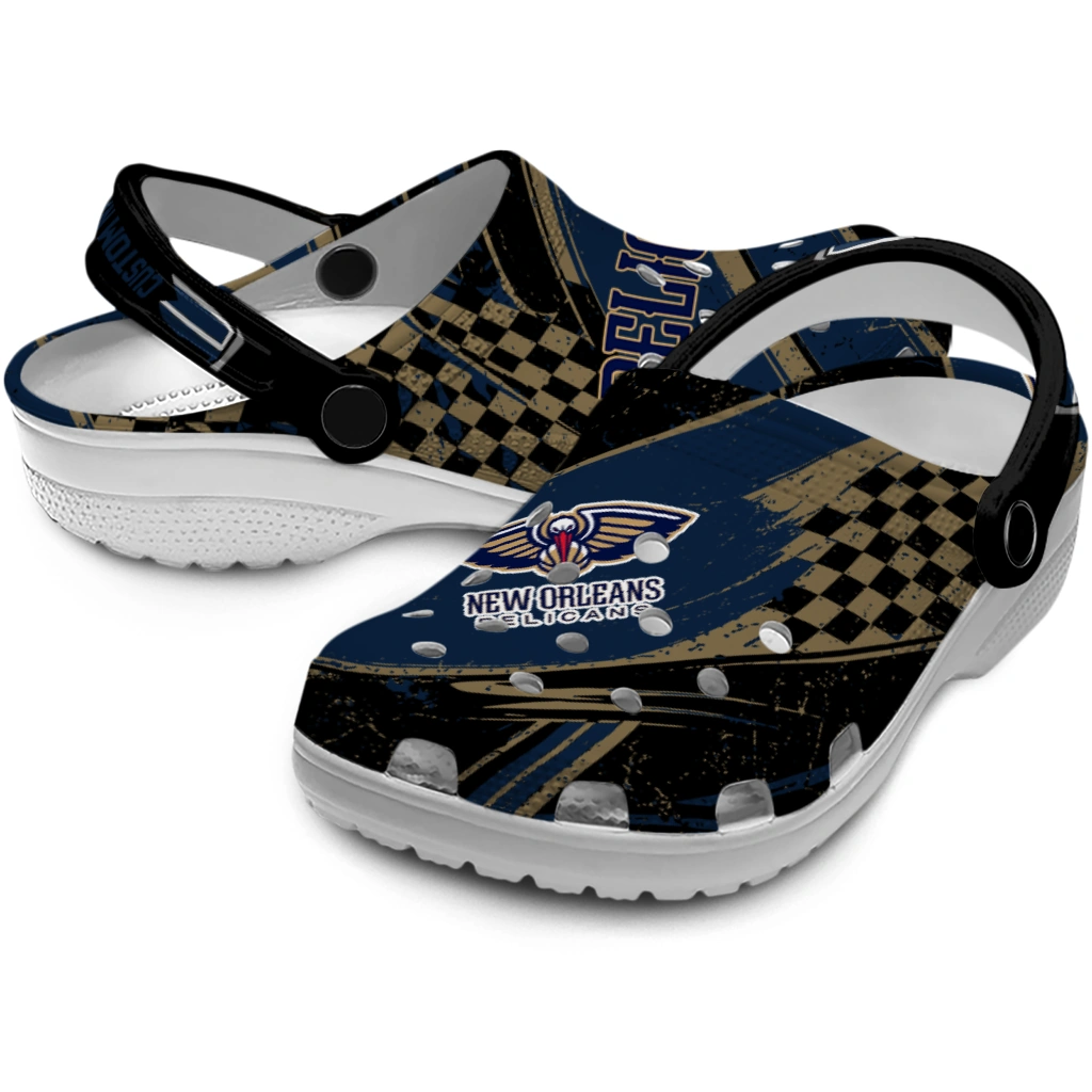 New Orleans Pelicans Clogs - Custom Checkered Streaks Navy Black 3