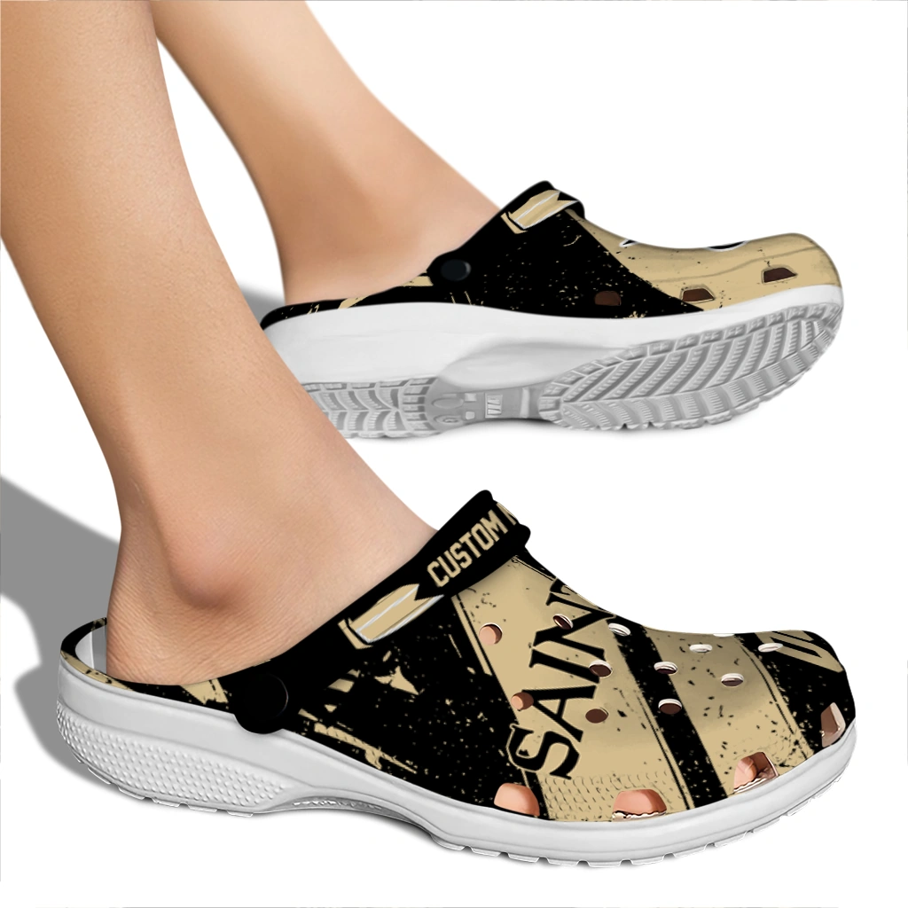 New Orleans Saints Clogs - Personalized Checkered Streaks Gold Black 2