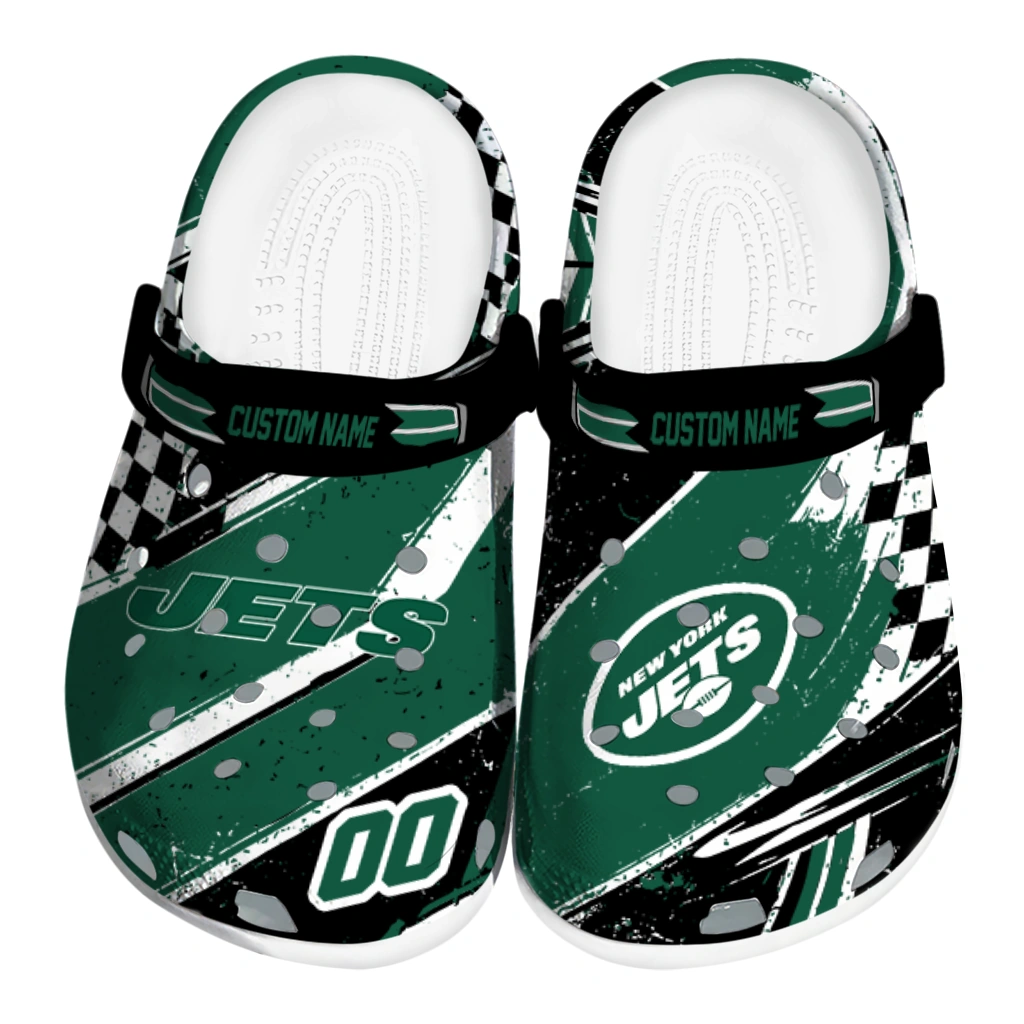New York Jets Clogs - Customized Checkered Streaks Green Black 1 new york jets clog personalized checkered streaks green black best selling