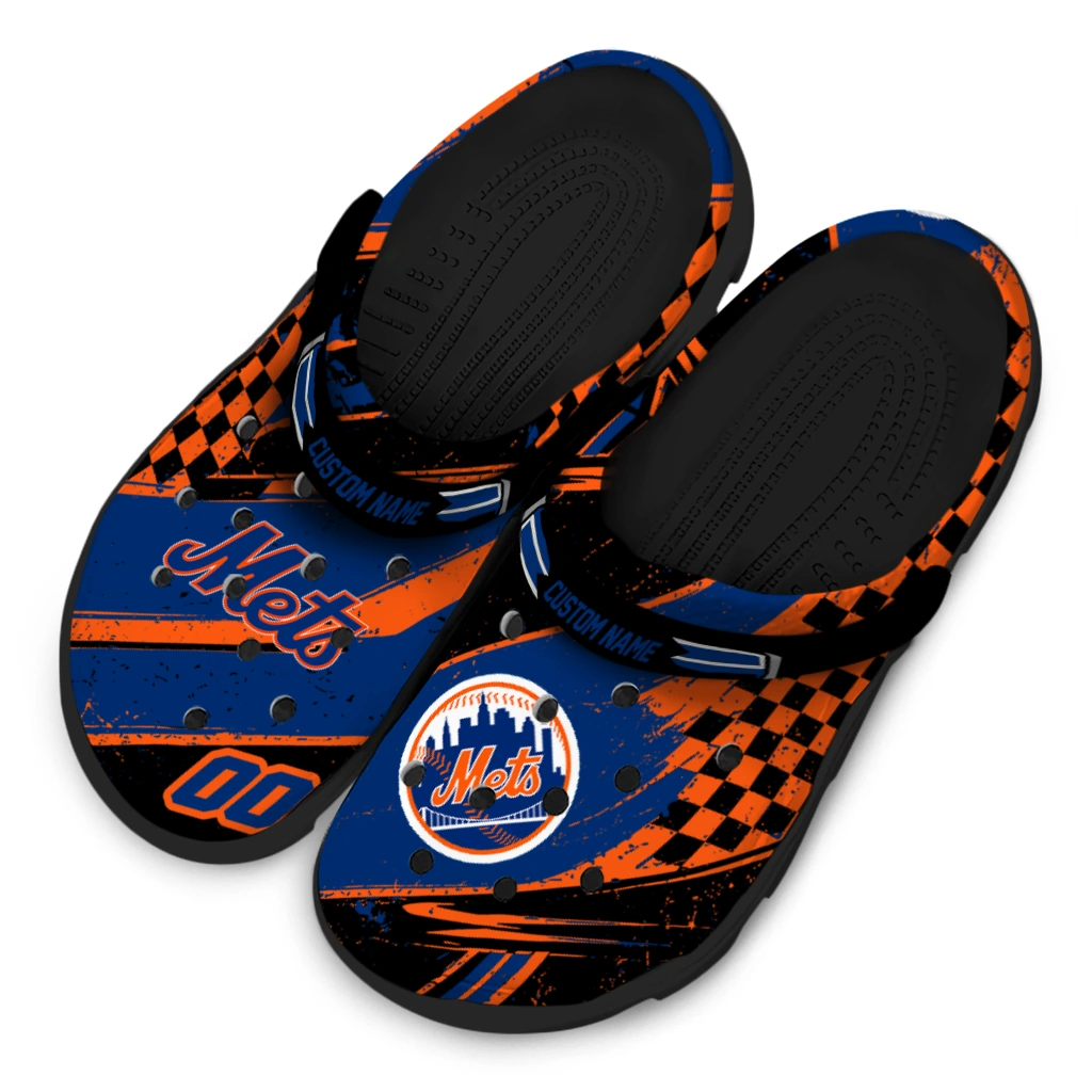 New York Mets Clogs - Custom Checkered Streaks Blue Black 4
