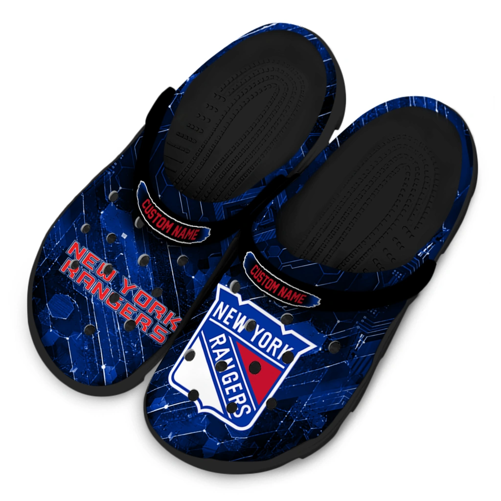 new-york-rangers-clog-personalized-circuit-geometry-blue-black-latest-model.webp