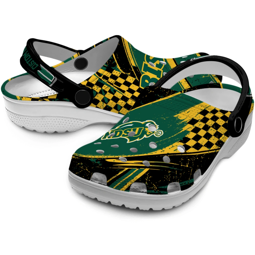 North Dakota State Bison Clogs - Custom Checkered Streaks Green Black 3