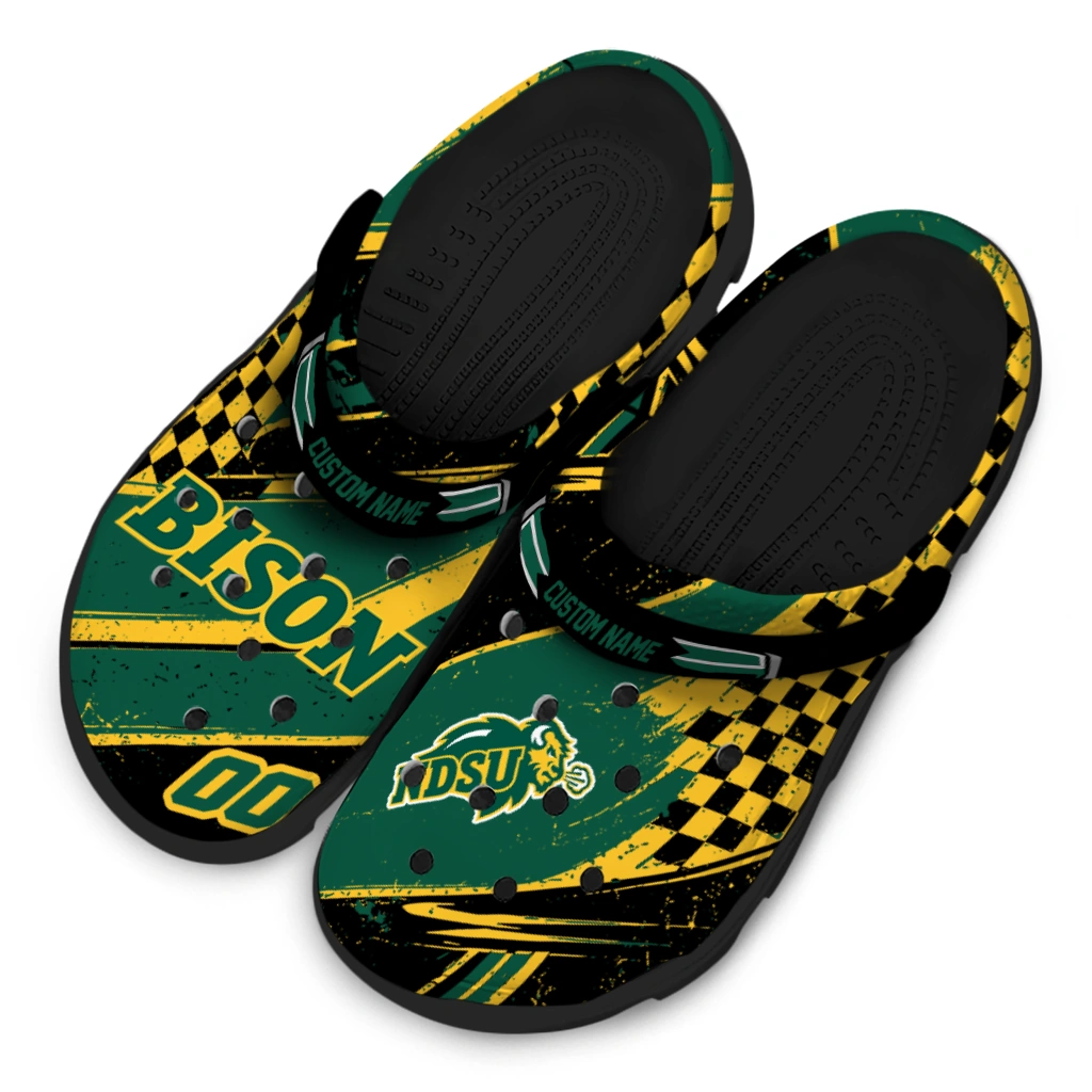North Dakota State Bison Clogs - Custom Checkered Streaks Green Black 4