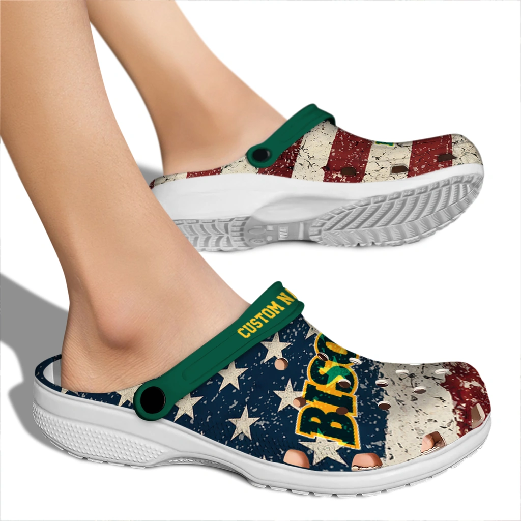 north-dakota-state-bison-clog-customized-distressed-stripes-green-red-blue-fashion-forward.webp