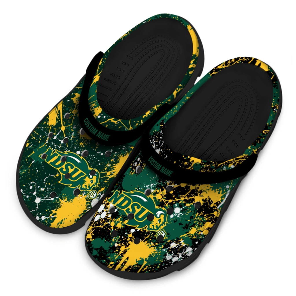 north-dakota-state-bison-clog-personalized-splatter-splash-green-black-latest-model.webp