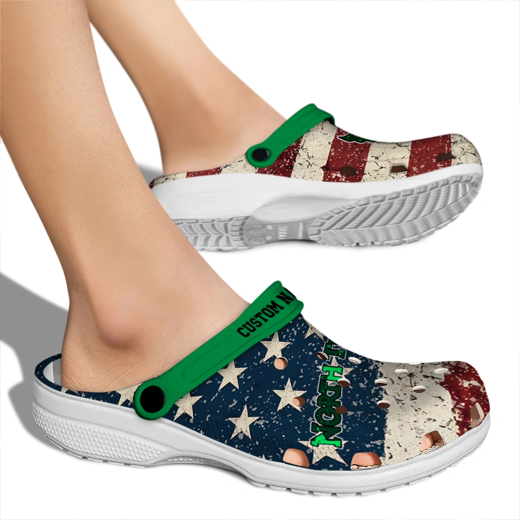 north-texas-mean-green-clog-customized-distressed-stripes-green-red-blue-fashion-forward.webp