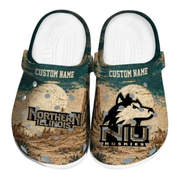 Northern Illinois Huskies Clogs - Personalized Cracked Landscape Fir Green Beige
