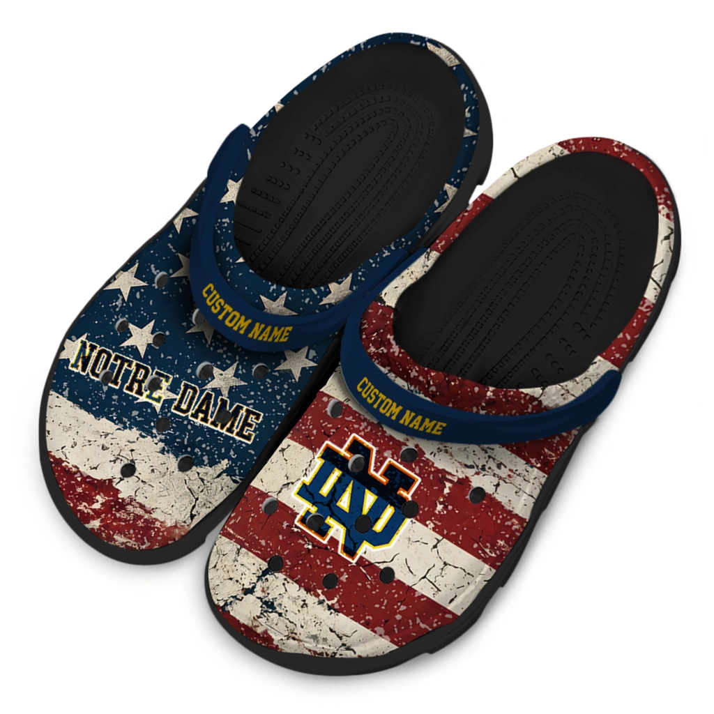 notre-dame-fighting-irish-clog-customized-distressed-stripes-navy-red-blue-latest-model.webp