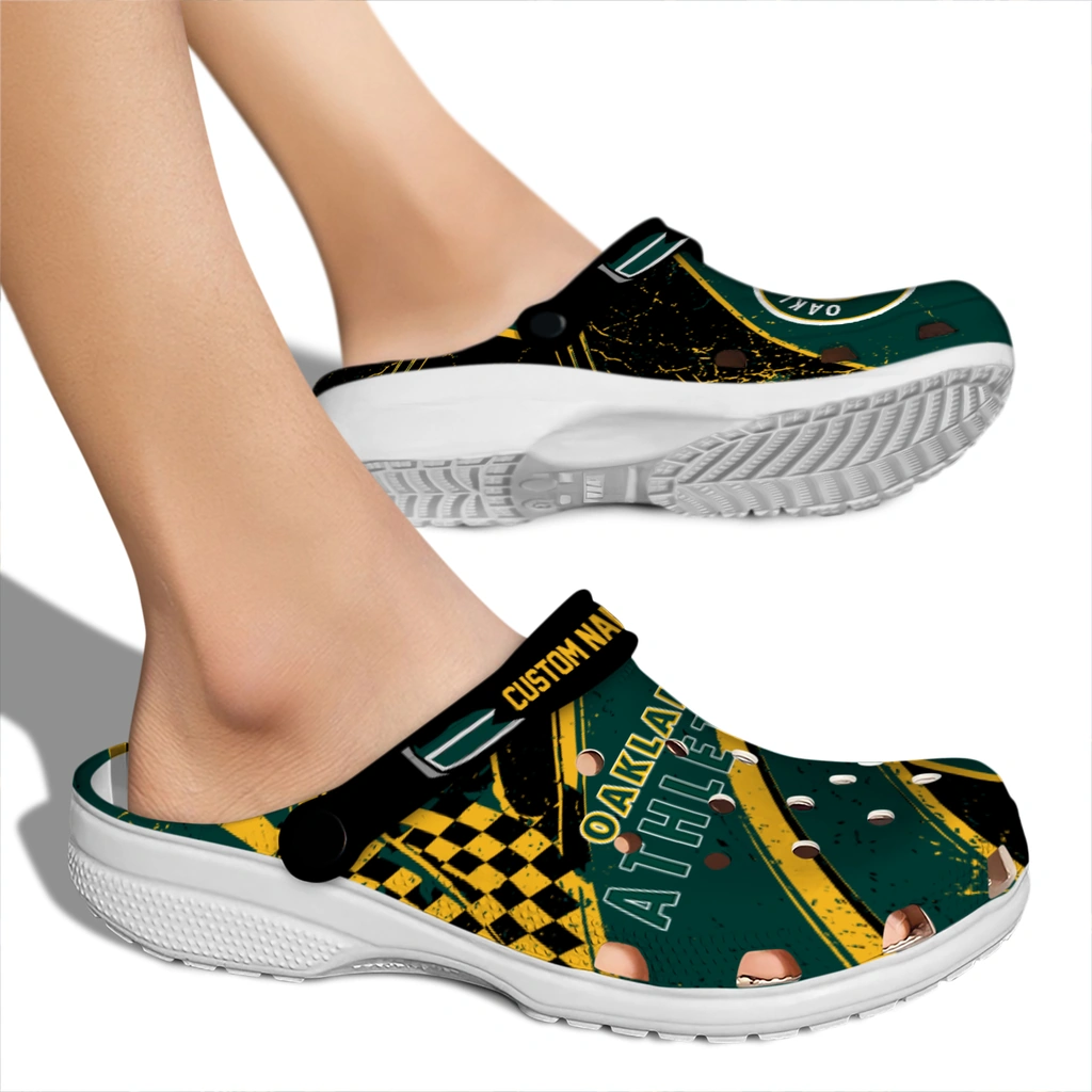 oakland-athletics-clog-personalized-checkered-streaks-green-black-fashion-forward.webp
