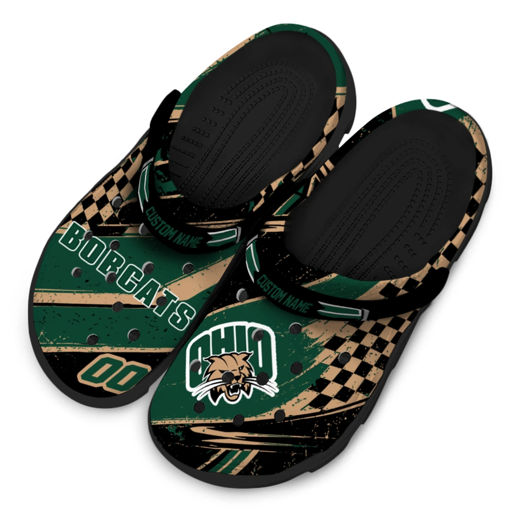 Ohio Bobcats Clogs - Personalized Checkered Streaks Green Black 4