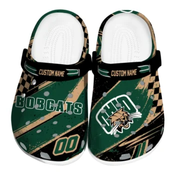 Ohio Bobcats Clogs - Personalized Checkered Streaks Green Black