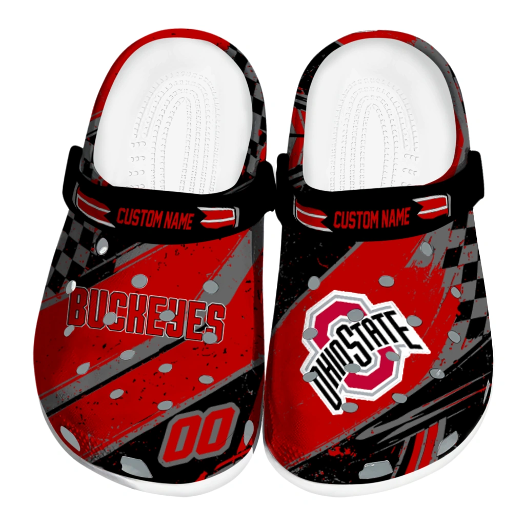 Ohio State Buckeyes Clogs - Customized Checkered Streaks Scarlet Black 1 ohio state buckeyes clog personalized checkered streaks scarlet black best selling