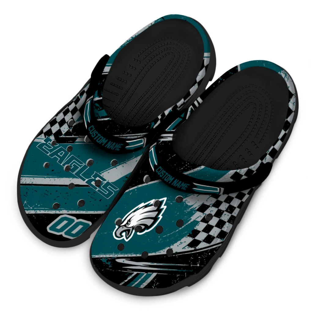 Philadelphia Eagles Clogs - Personalized Checkered Streaks Green Black 4