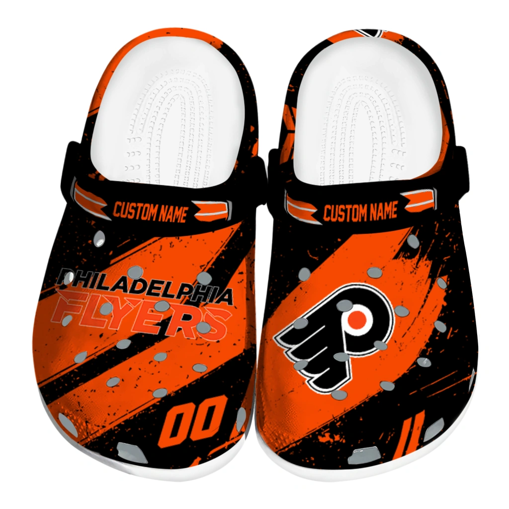 Philadelphia Flyers Clogs - Custom Checkered Streaks Orange Black 1 philadelphia flyers clog customized checkered streaks orange black best selling