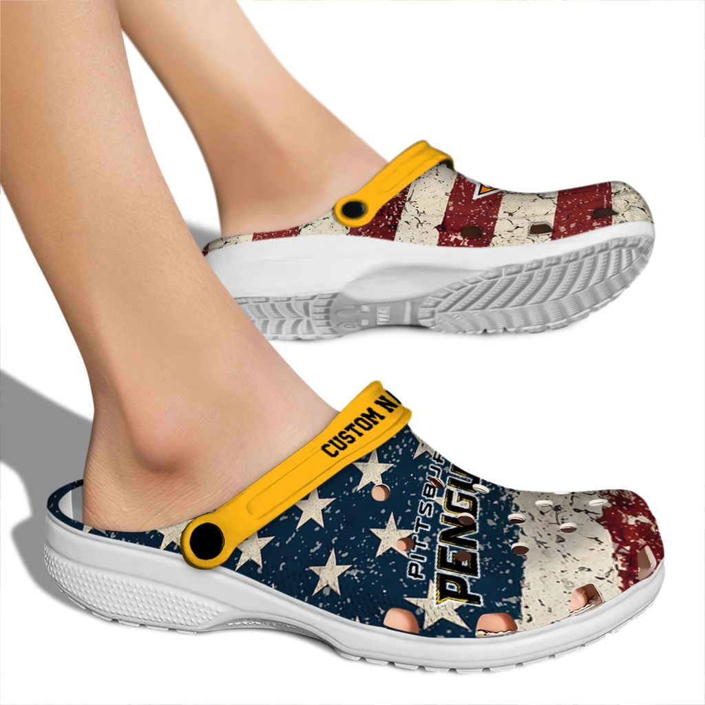 pittsburgh-penguins-clog-personalized-distressed-stripes-yellow-red-blue-fashion-forward.webp