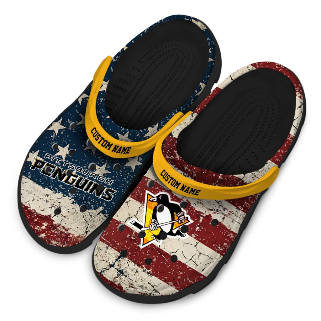 pittsburgh-penguins-clog-personalized-distressed-stripes-yellow-red-blue-latest-model.webp