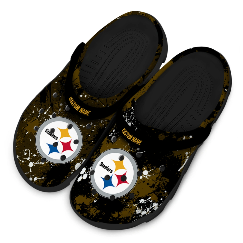 pittsburgh-steelers-clog-personalized-splatter-splash-gold-black-latest-model.webp