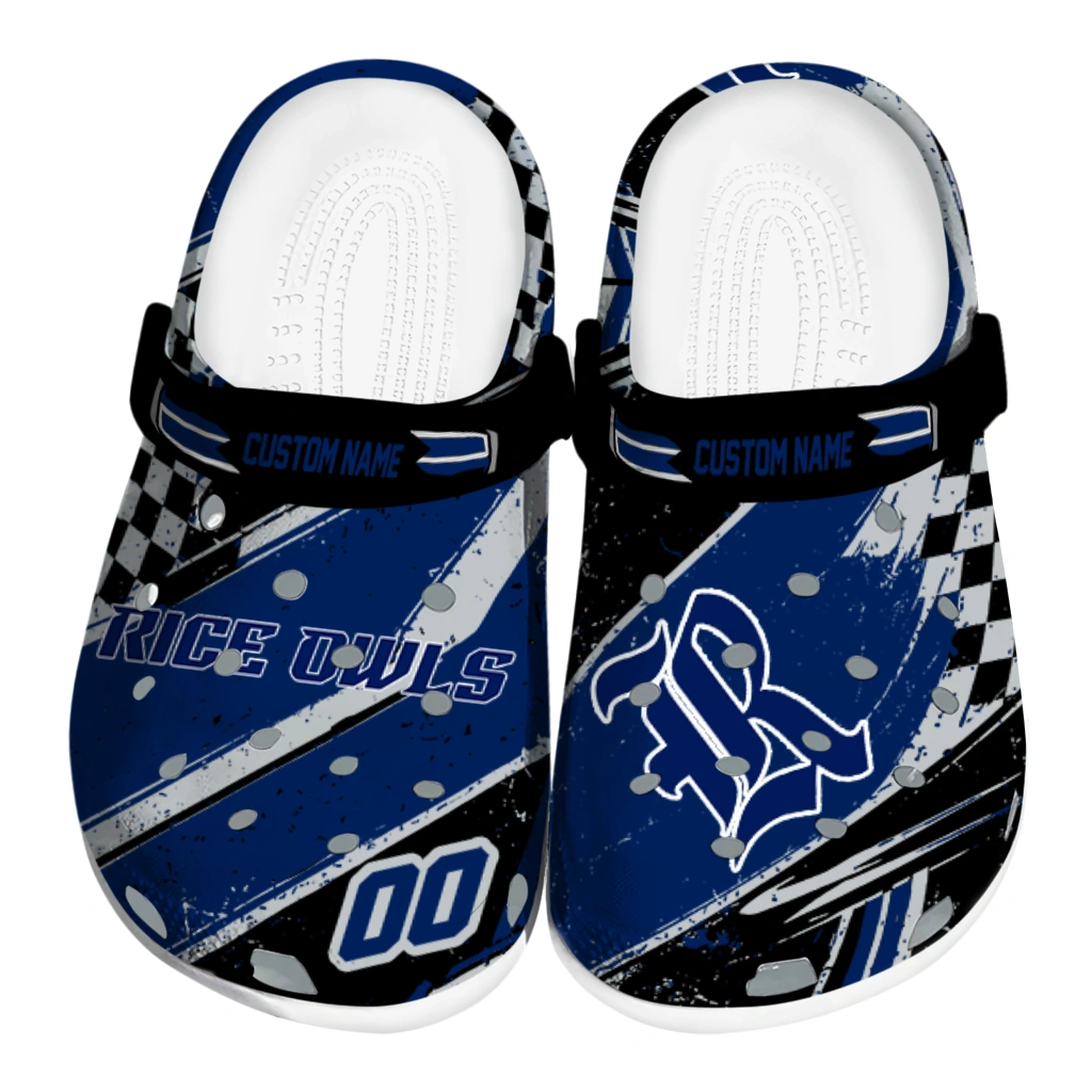 Rice Owls Clogs - Custom Checkered Streaks Navy Blue Black 1 rice owls clog customized checkered streaks navy blue black best selling