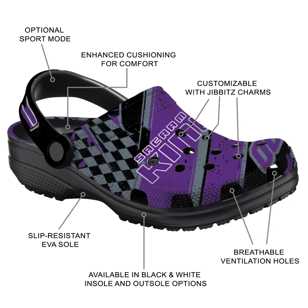 Sacramento Kings Clogs - Customized Checkered Streaks Purple Black 5
