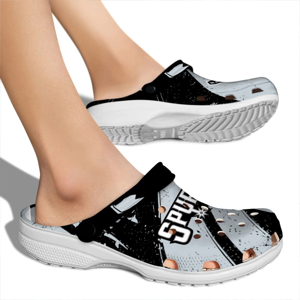 san-antonio-spurs-clog-personalized-checkered-streaks-silver-black-fashion-forward.webp