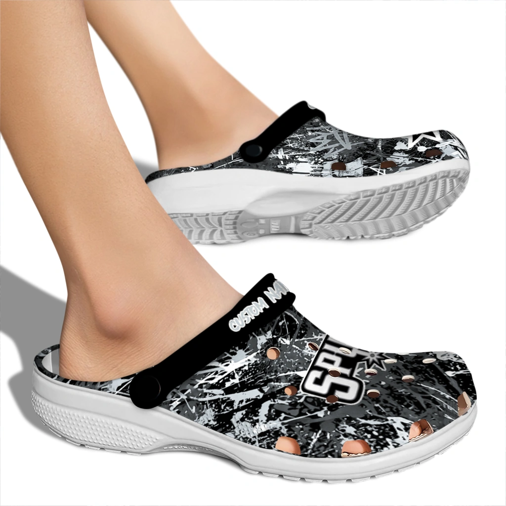 san-antonio-spurs-clog-personalized-graffiti-burst-silver-black-fashion-forward.webp