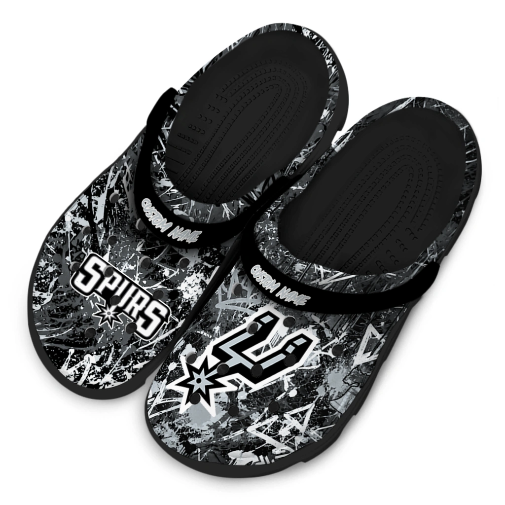 san-antonio-spurs-clog-personalized-graffiti-burst-silver-black-latest-model.webp