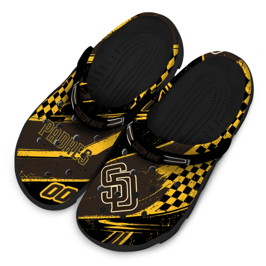 San Diego Padres Clogs - Personalized Checkered Streaks Brown Black 4