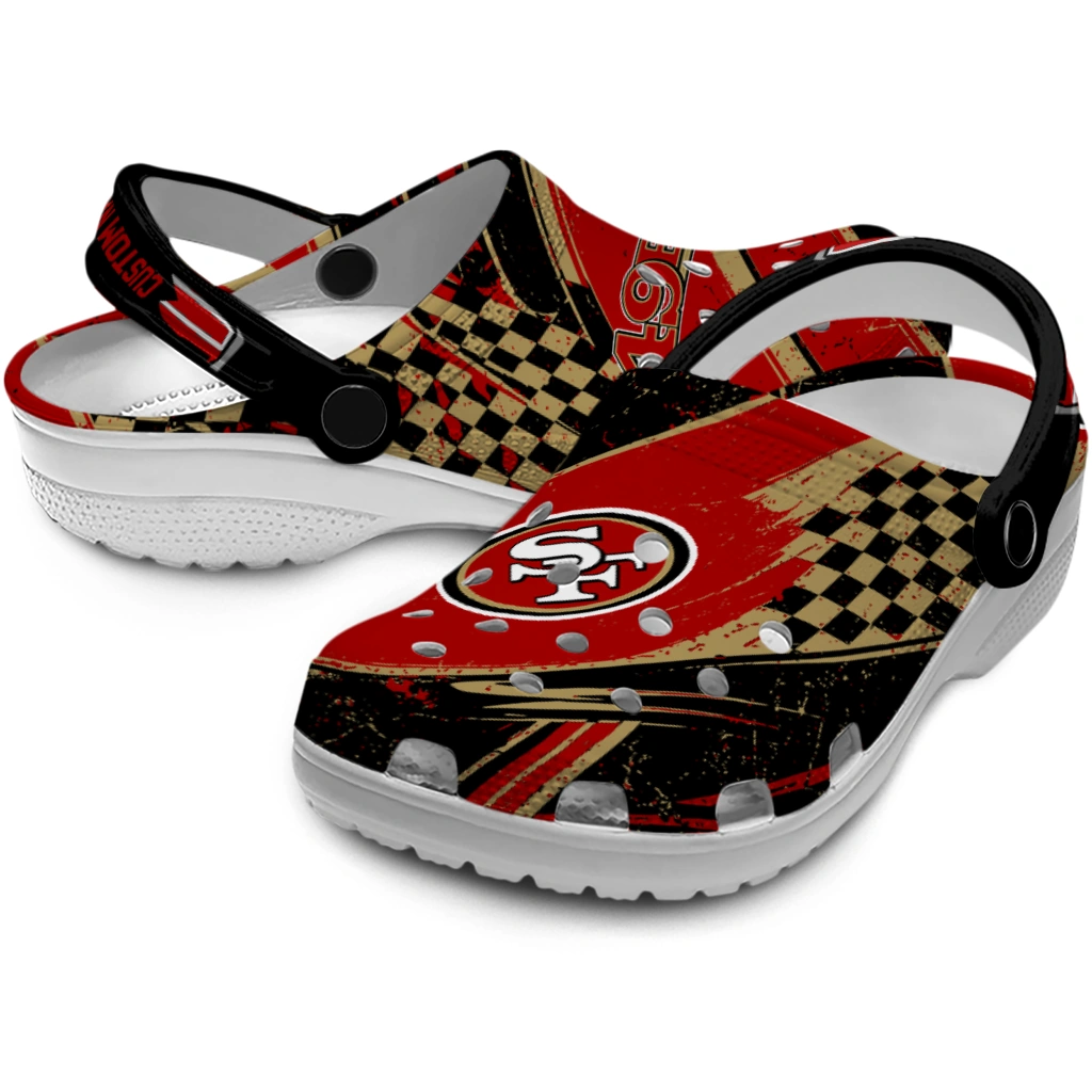 San Francisco 49ers Clogs - Customized Checkered Streaks Red Black 3
