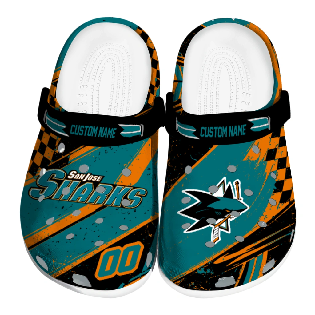 San Jose Sharks Clogs - Personalized Checkered Streaks Teal Black 1 san jose sharks clog custom checkered streaks teal black best selling