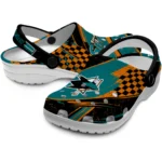 San Jose Sharks Clogs – Personalized Checkered Streaks Teal Black 1