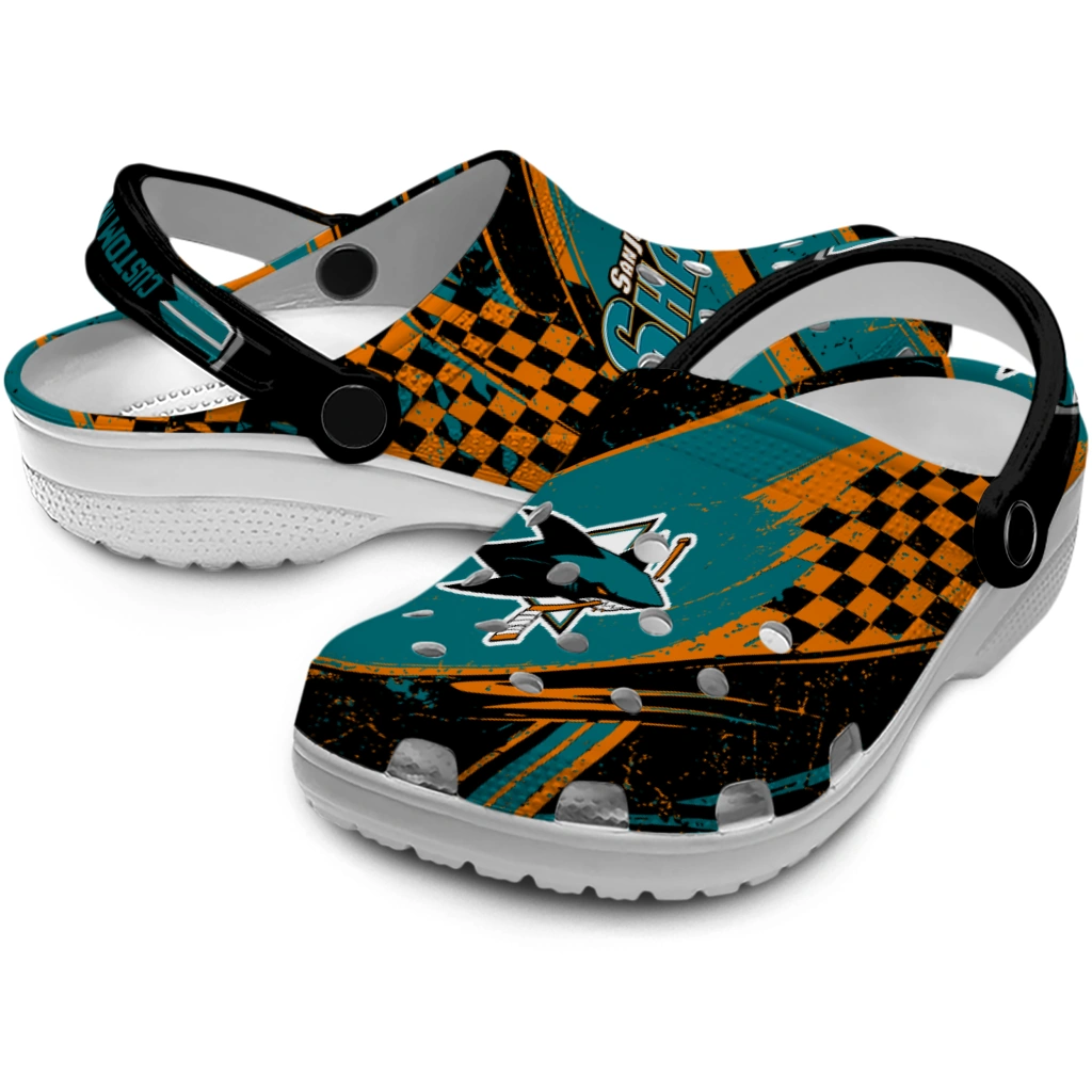 San Jose Sharks Clogs - Personalized Checkered Streaks Teal Black 3