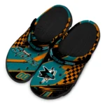 San Jose Sharks Clogs – Personalized Checkered Streaks Teal Black 1