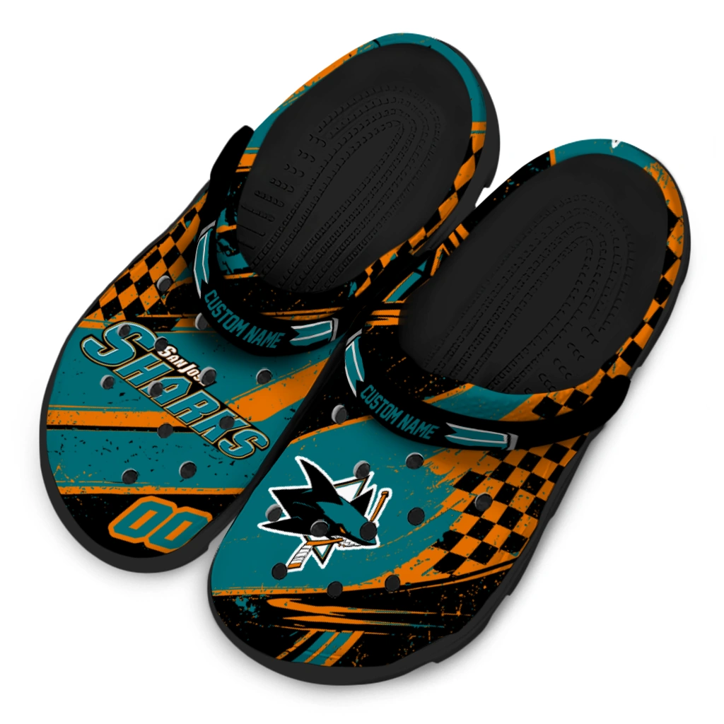 San Jose Sharks Clogs - Personalized Checkered Streaks Teal Black 4