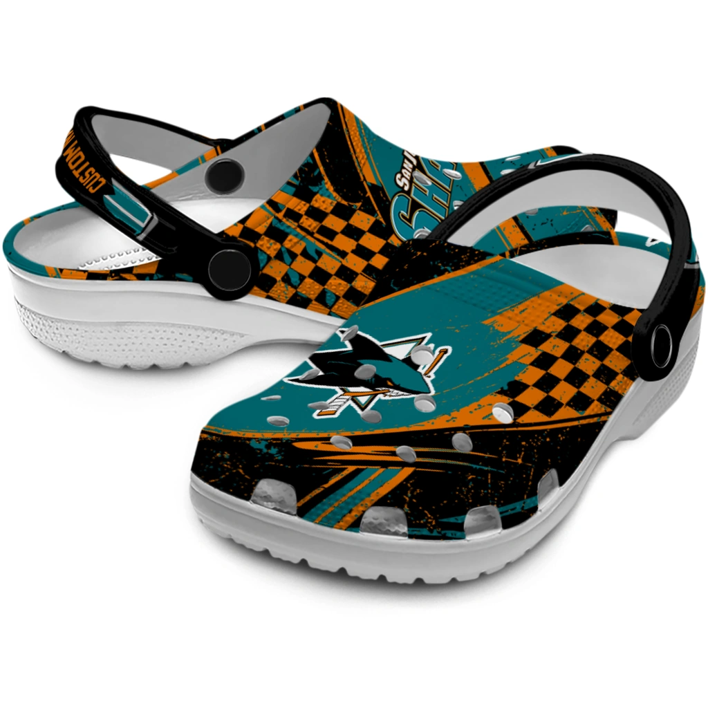 san-jose-sharks-clog-personalized-checkered-streaks-teal-black-high-quality.webp