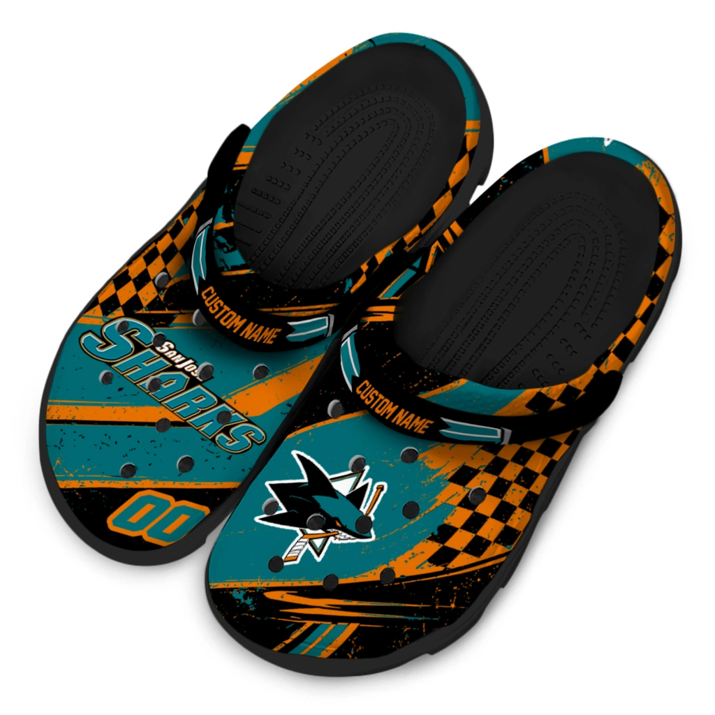 san-jose-sharks-clog-personalized-checkered-streaks-teal-black-latest-model.webp
