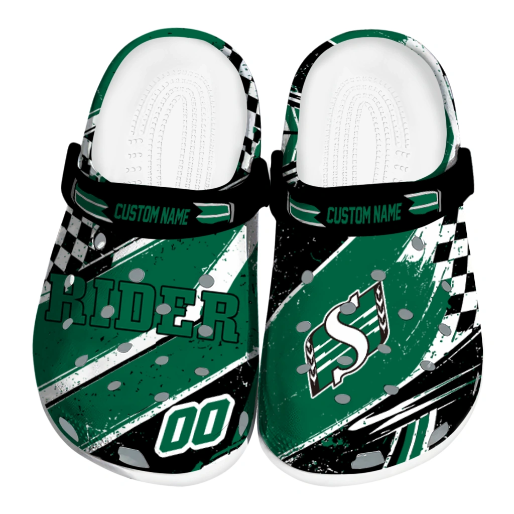 Saskatchewan Roughriders Clogs - Custom Circuit Geometry Green Black 1 saskatchewan roughriders clog custom checkered streaks green black best selling 1