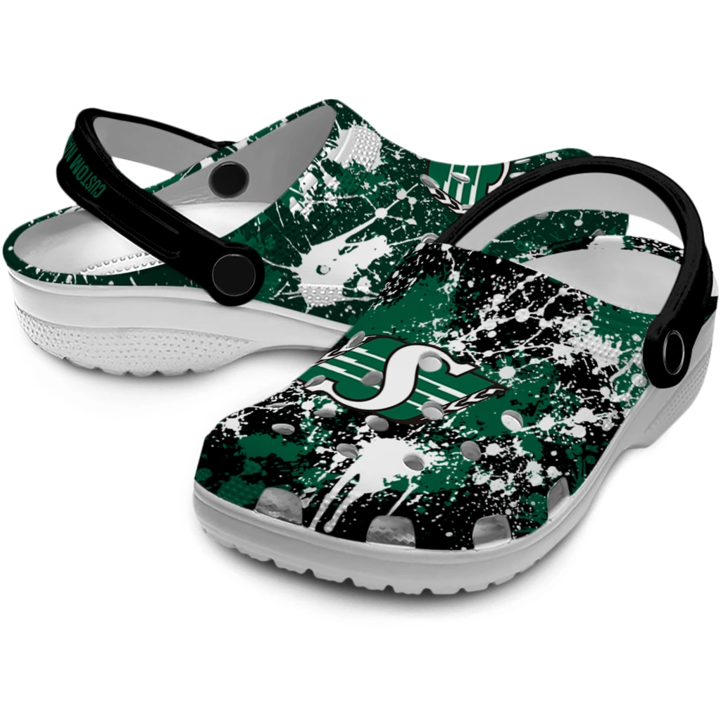 saskatchewan-roughriders-clog-customized-splatter-splash-green-black-high-quality.webp