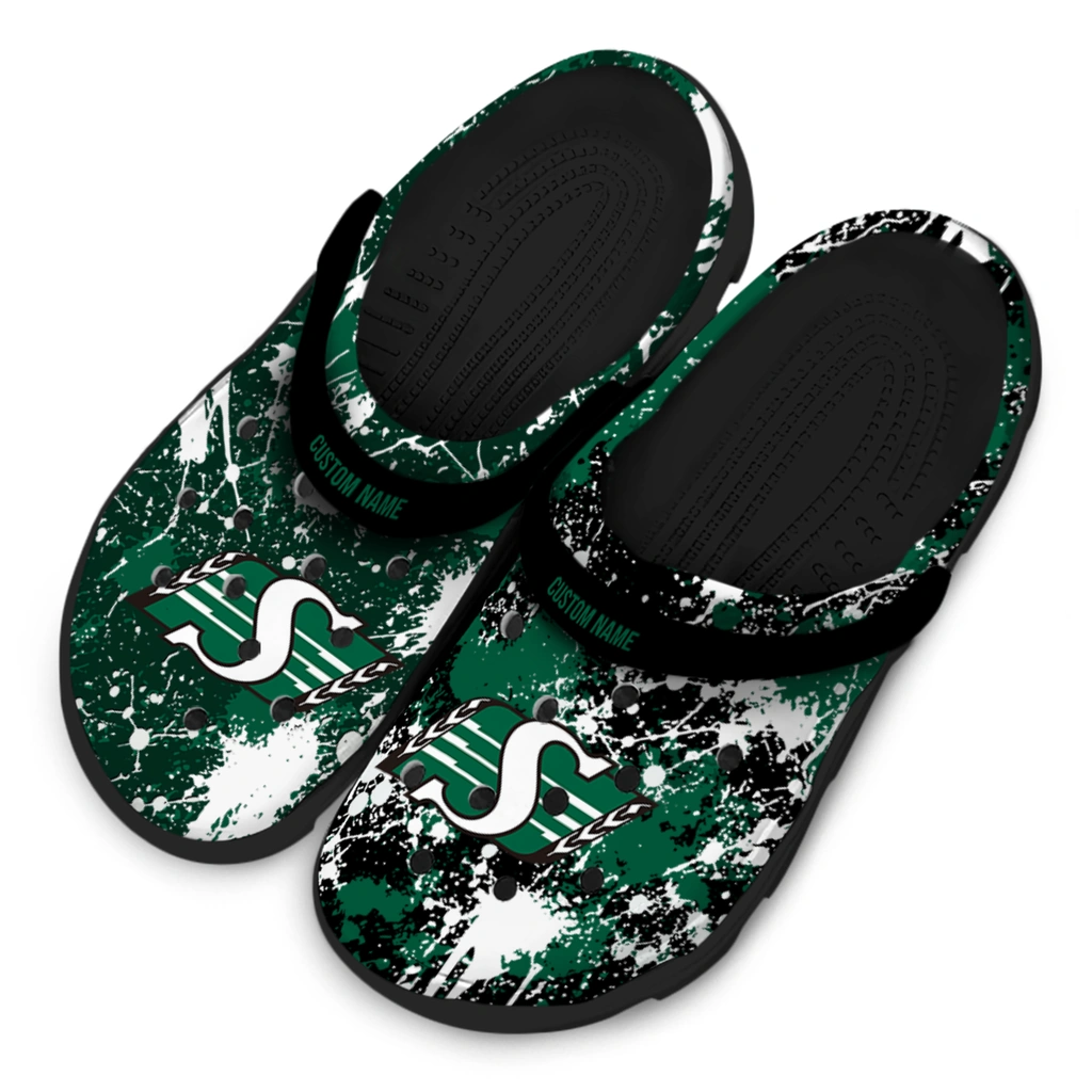 saskatchewan-roughriders-clog-customized-splatter-splash-green-black-latest-model.webp